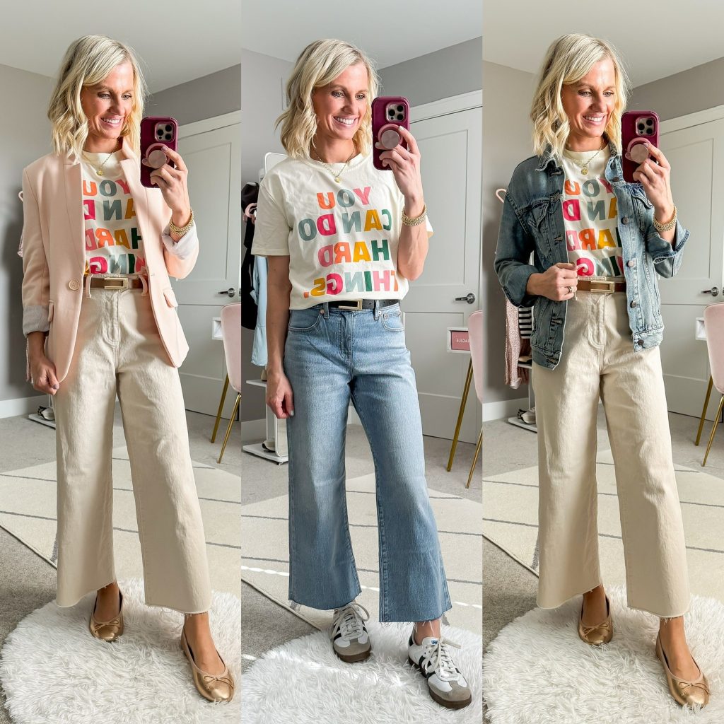 Spring Capsule Wardrobe for 2025, three outfits using the same graphic tee