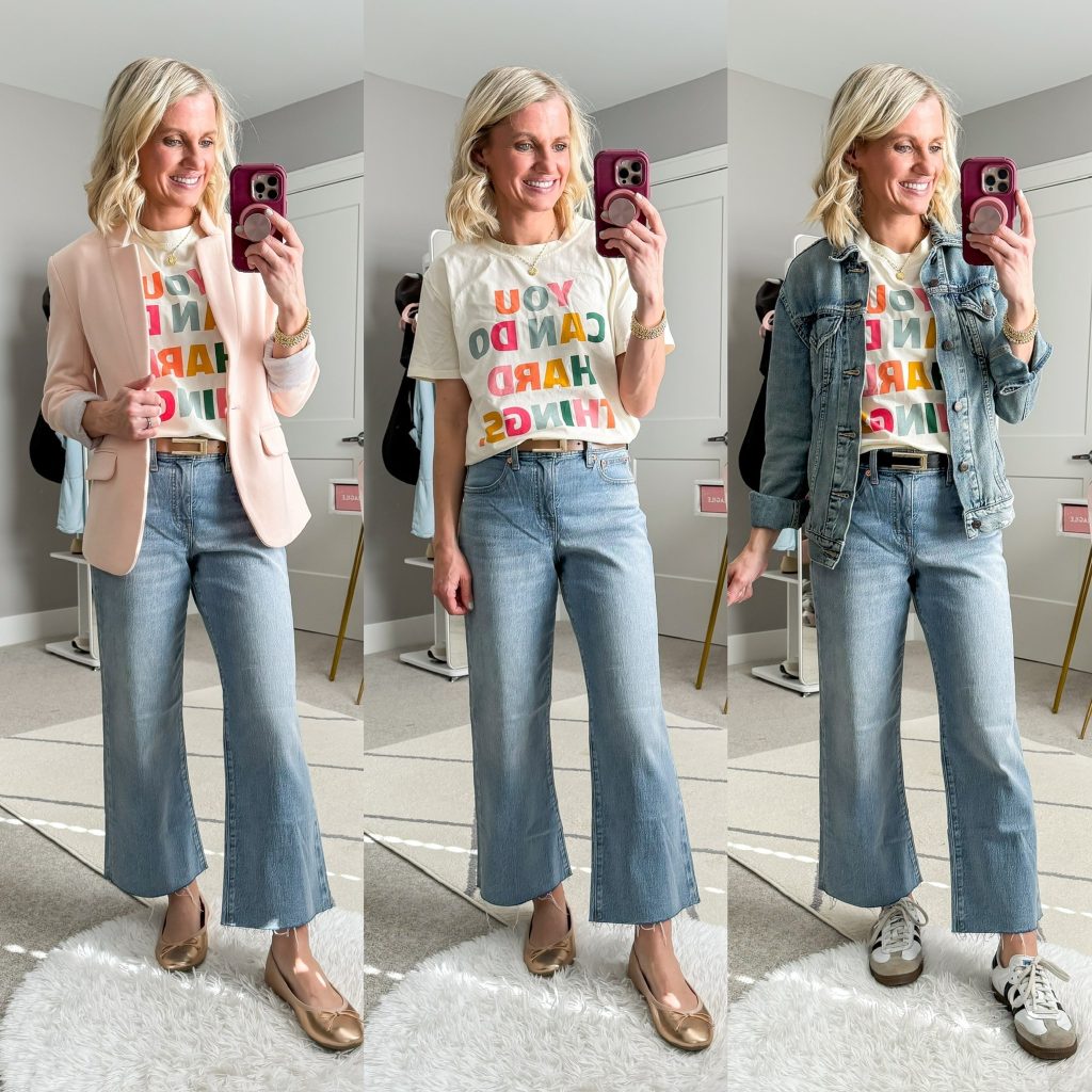 Spring Capsule Wardrobe for Moms, three outfit ideas with graphic tee and cropped jeans