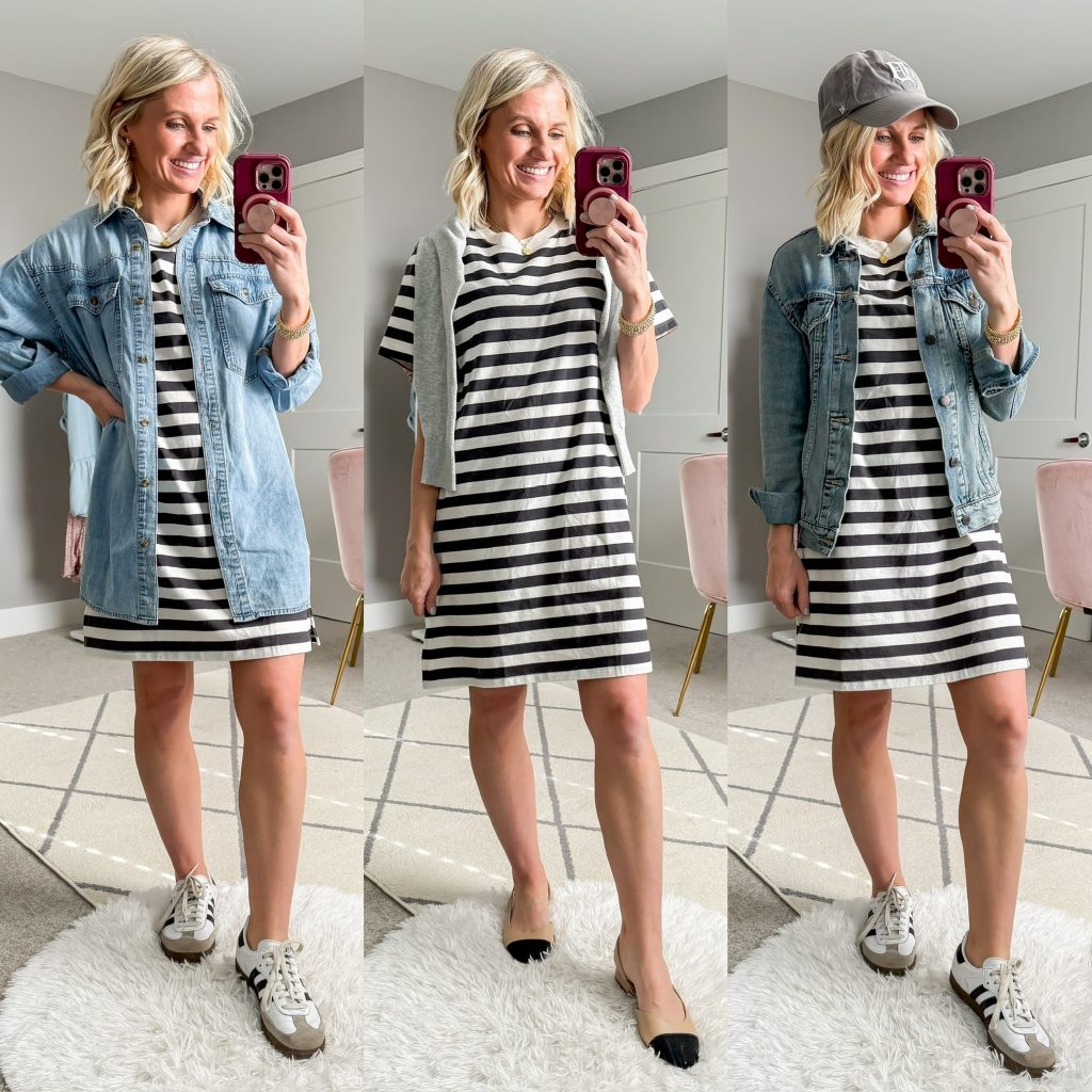 Spring Capsule Wardrobe outfit ideas for moms, three outfits using a striped t-shirt dress as a base