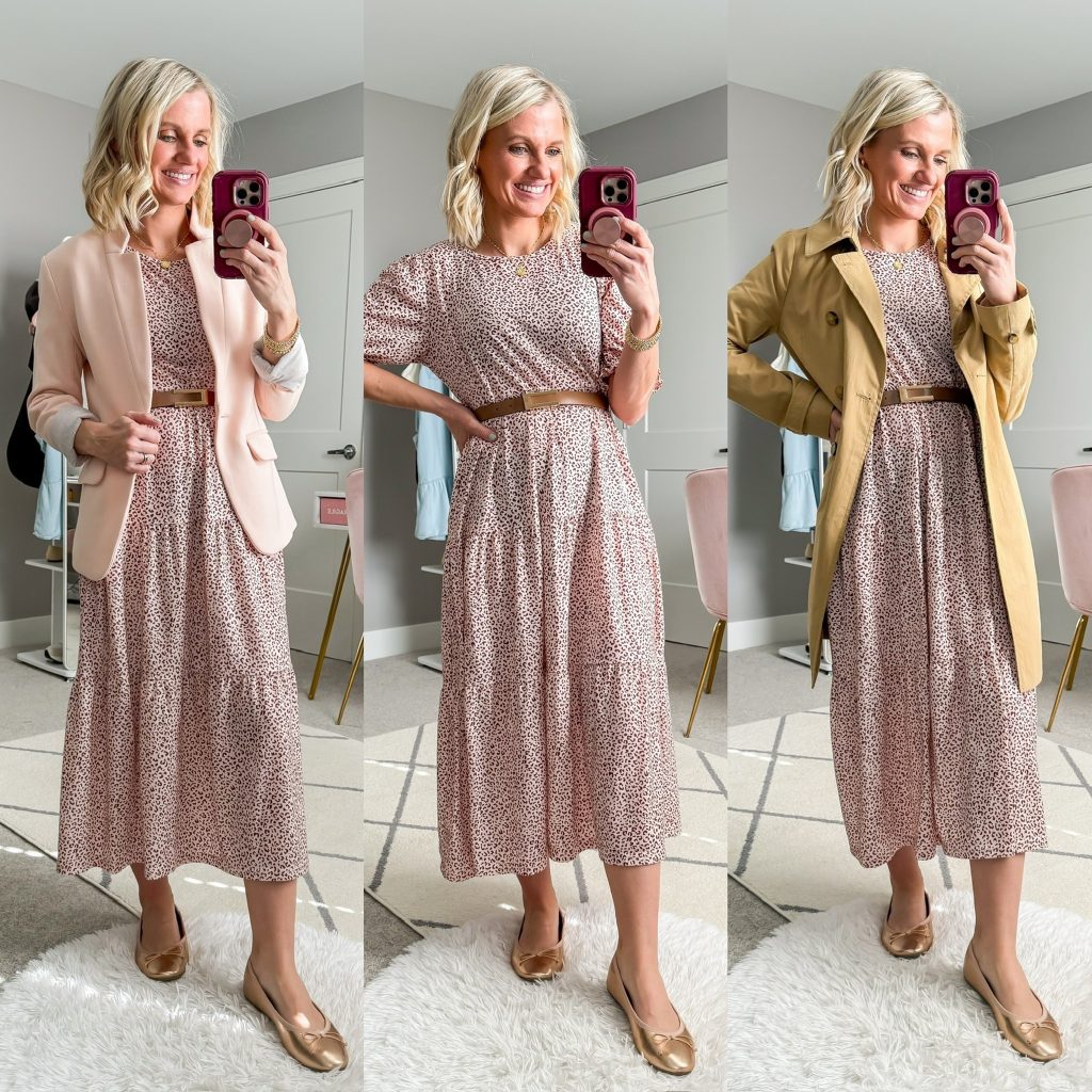 Mom Friendly Spring Capsule Wardrobe with three outfit ideas wearing a midi length patterned dress