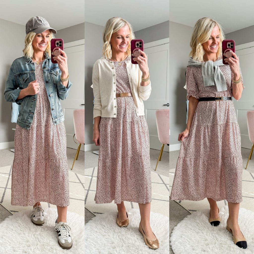 Spring Capsule Wardrobe with long floral print dress worn three ways- with denim jacket, with cardigan two ways.