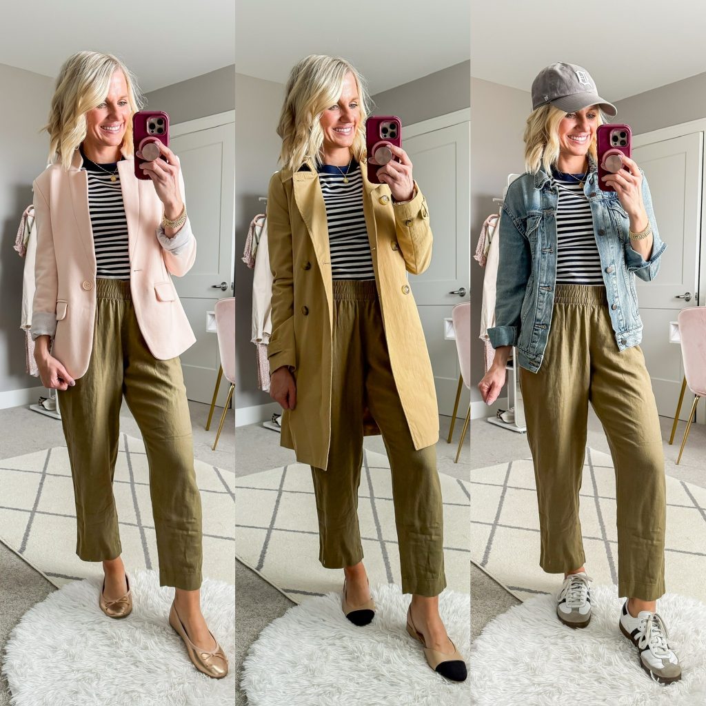 Mom-friendly Spring Capsule Wardrobe for 2025. Three outfit ideas for olive green linen pants.