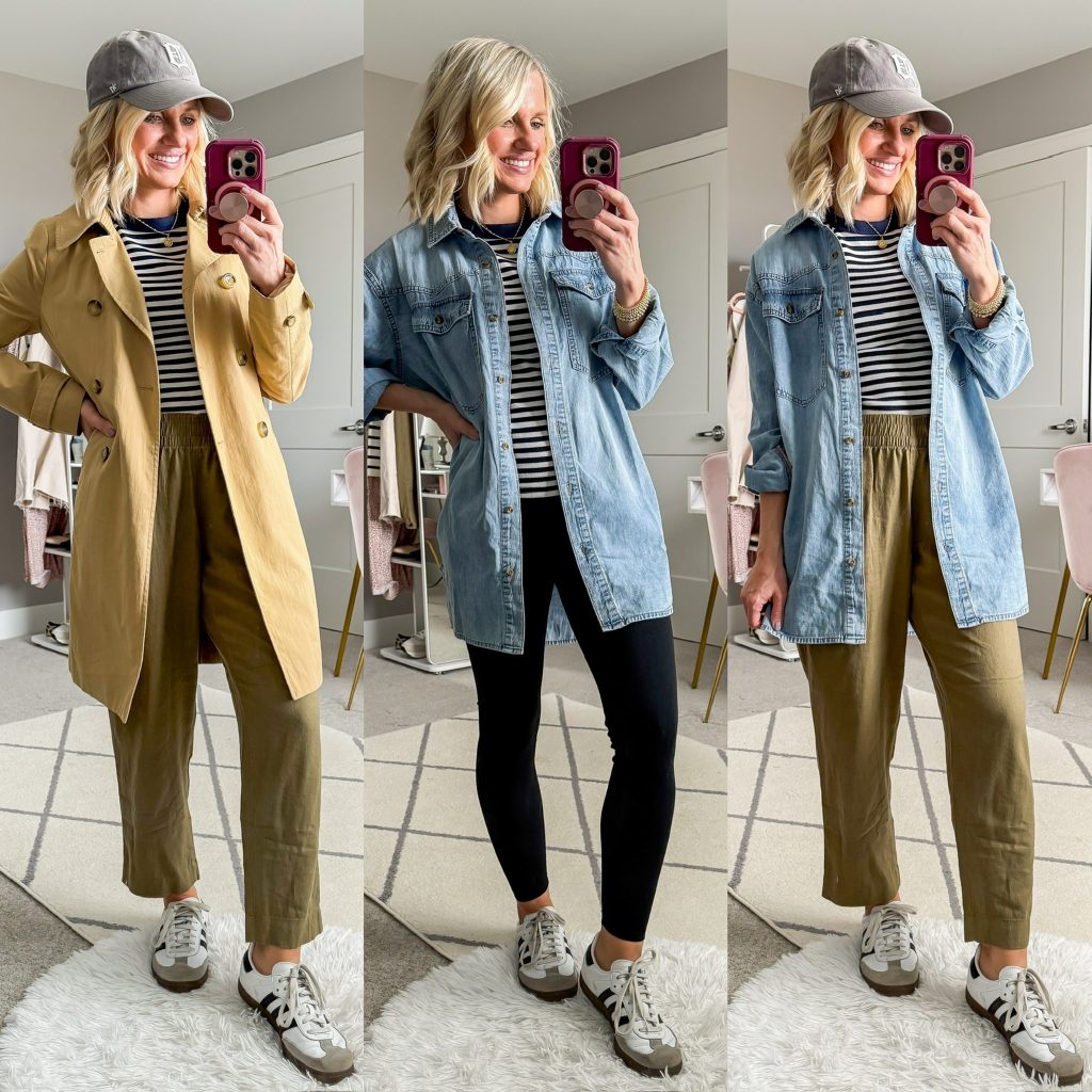 Mom-friendly Spring Capsule Wardrobe three outfit ideas to wear with a striped basic tee.