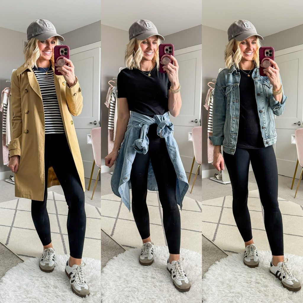 Mom-friendly Spring Capsule Wardrobe three cute outfit ideas for black leggings