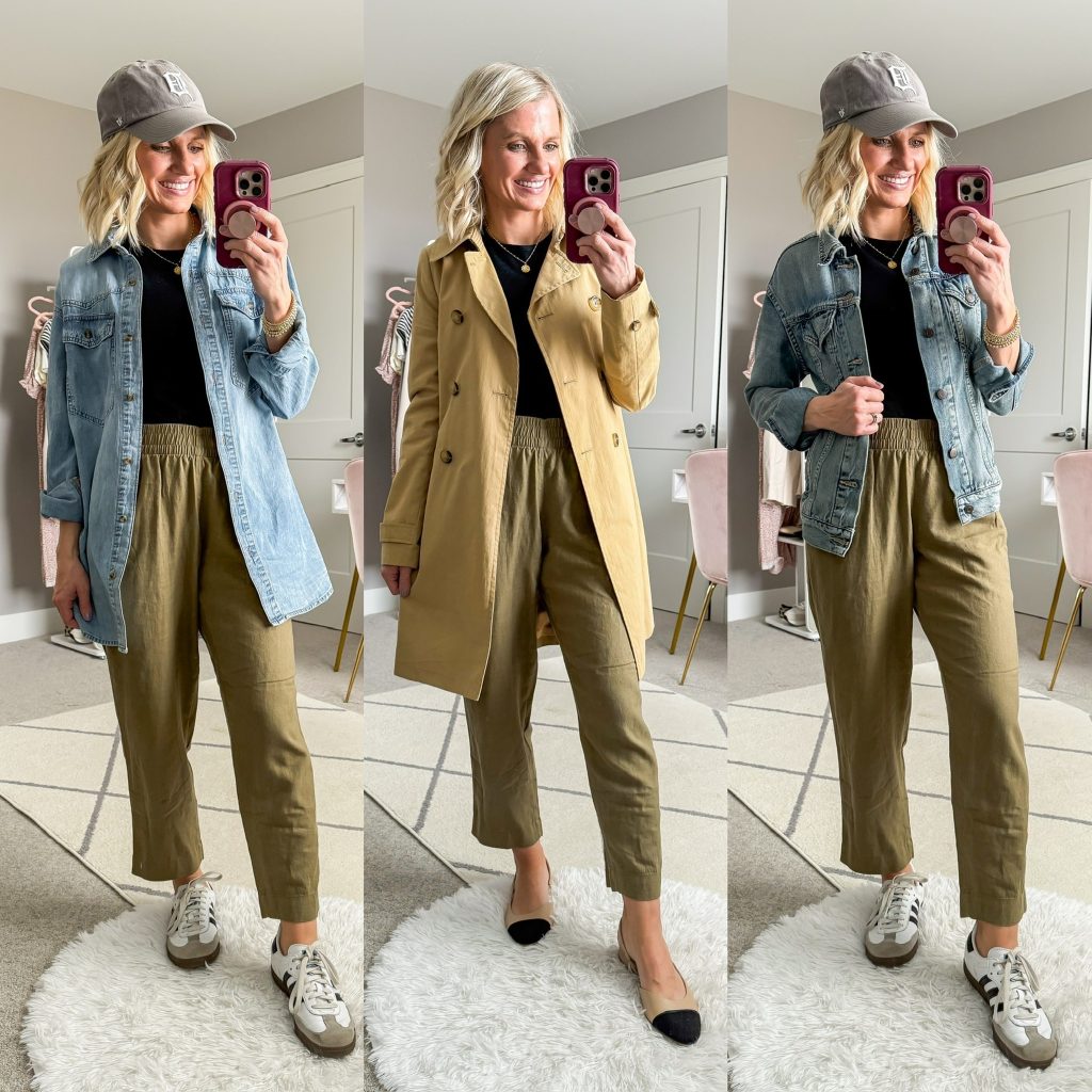 Mom-friendly Spring Capsule Wardrobe for 2025 three outfit ideas for olive green pants