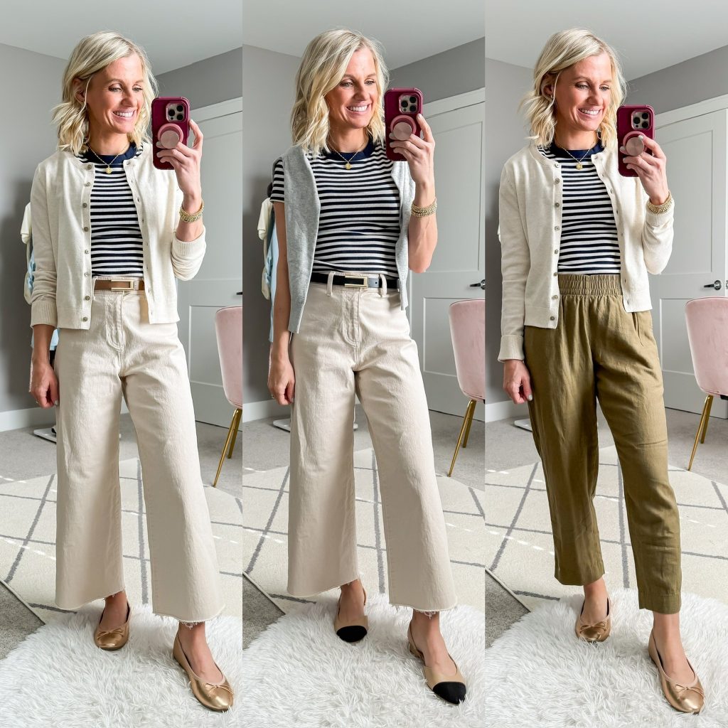 Mom-friendly Spring Capsule Wardrobe for 2025 three outfit ideas to wear with a striped t-shirt