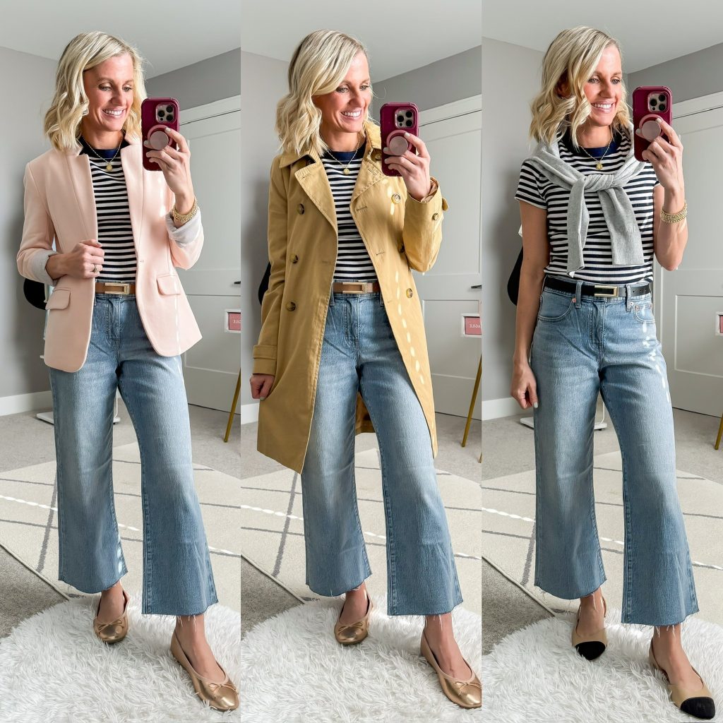 Mom-friendly Spring Capsule Wardrobe three outfit ideas to wear with cropped wide-leg jeans and a striped t-shirt