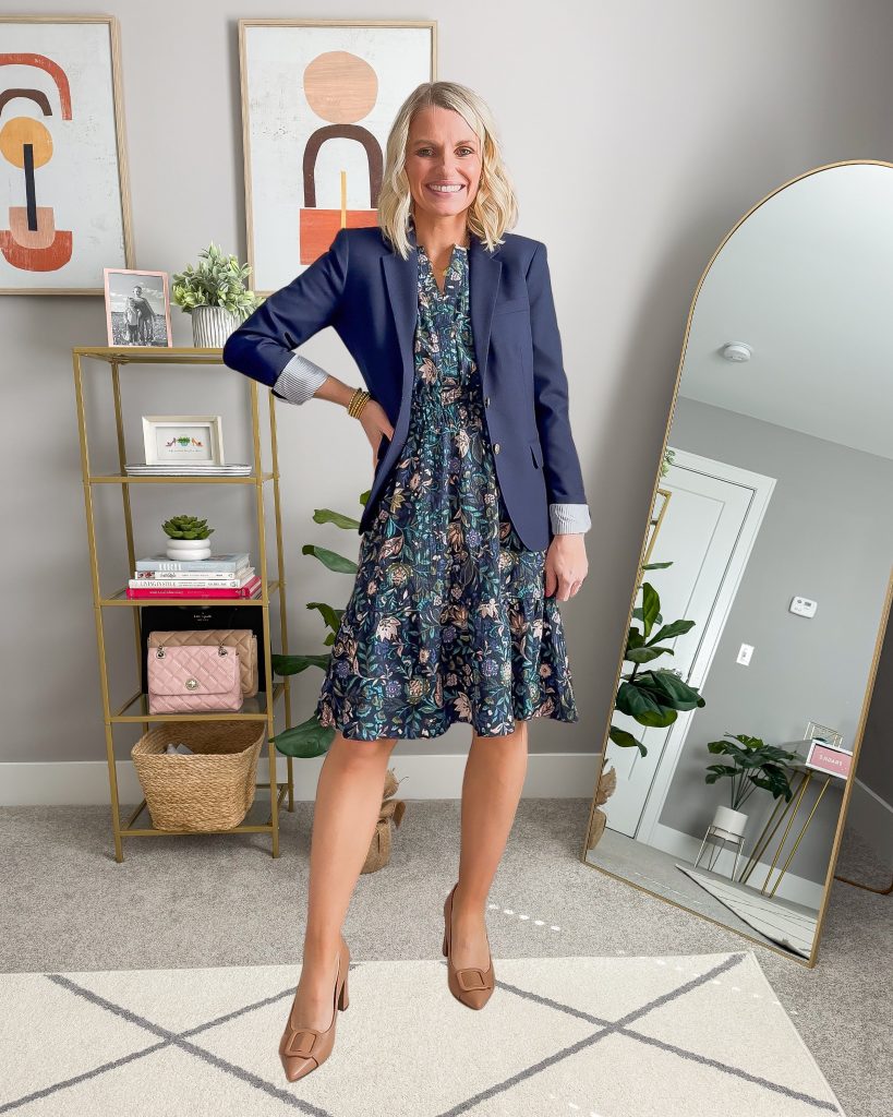 spring teacher workwear floral dress and blazer