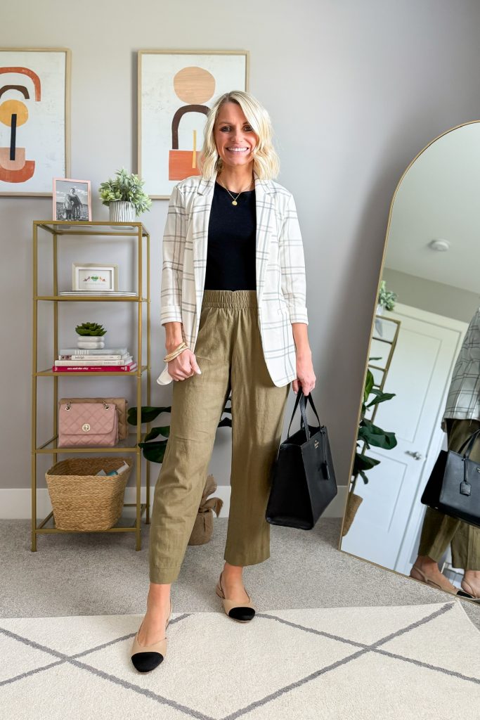 spring teacher outfit idea plaid blazer and cropped green pants