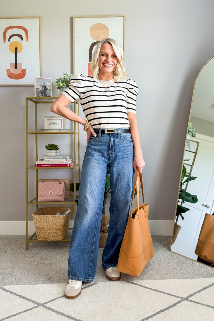 spring teacher outfit idea wide leg jeans and striped short sleeved sweater