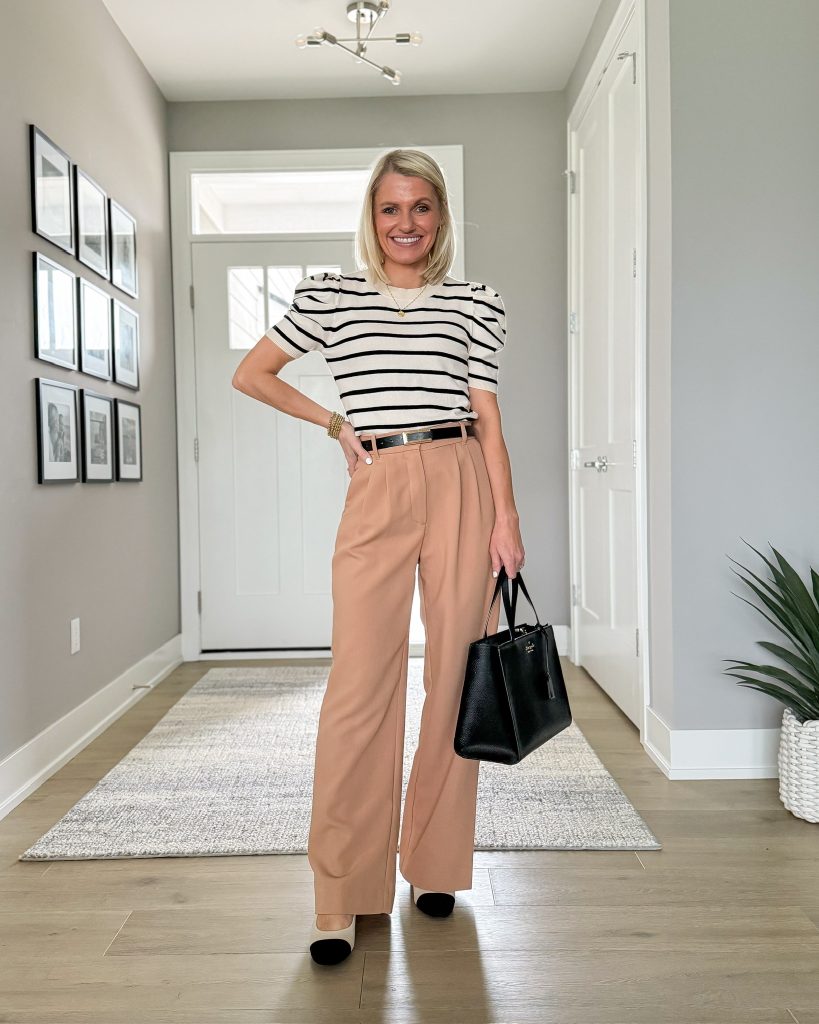 spring teacher outfit brown trousers and short sleeved striped top