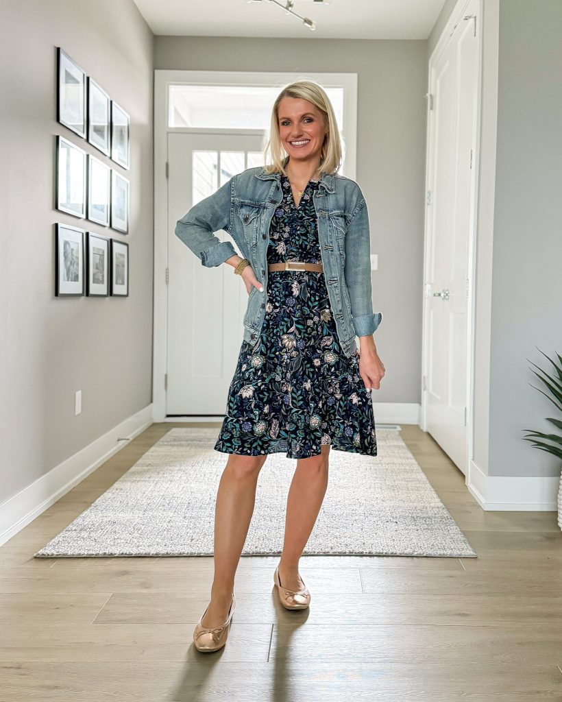 spring outfit idea floral dress and denim jacket