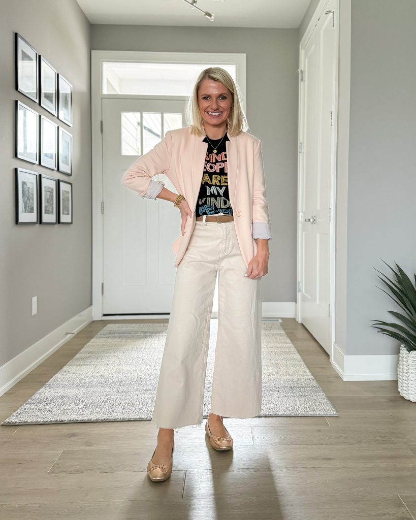 spring teacher outfit idea with cropped wide leg pants and pink blazer