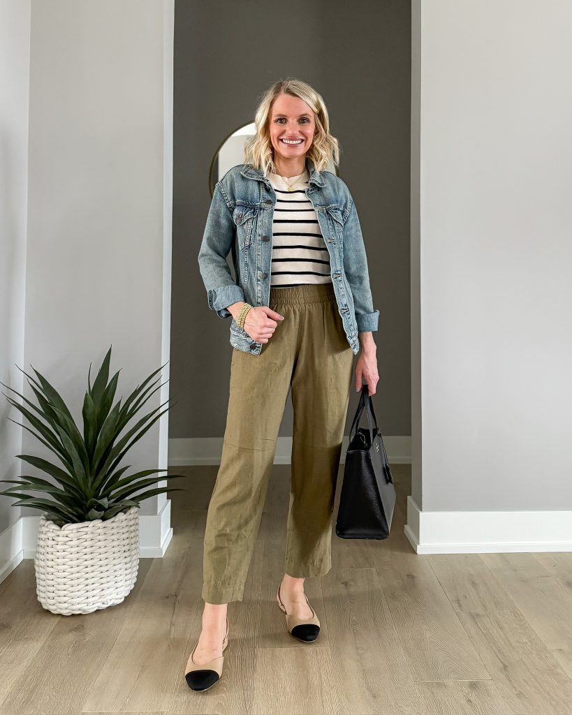 spring teacher outfit idea green cropped pants and striped top and denim jacket