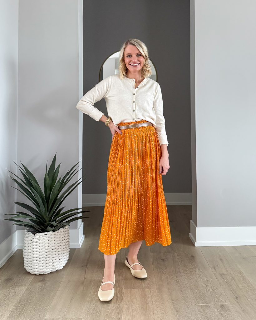 Spring teacher outfit ideas yellow midi skirt and cardigan