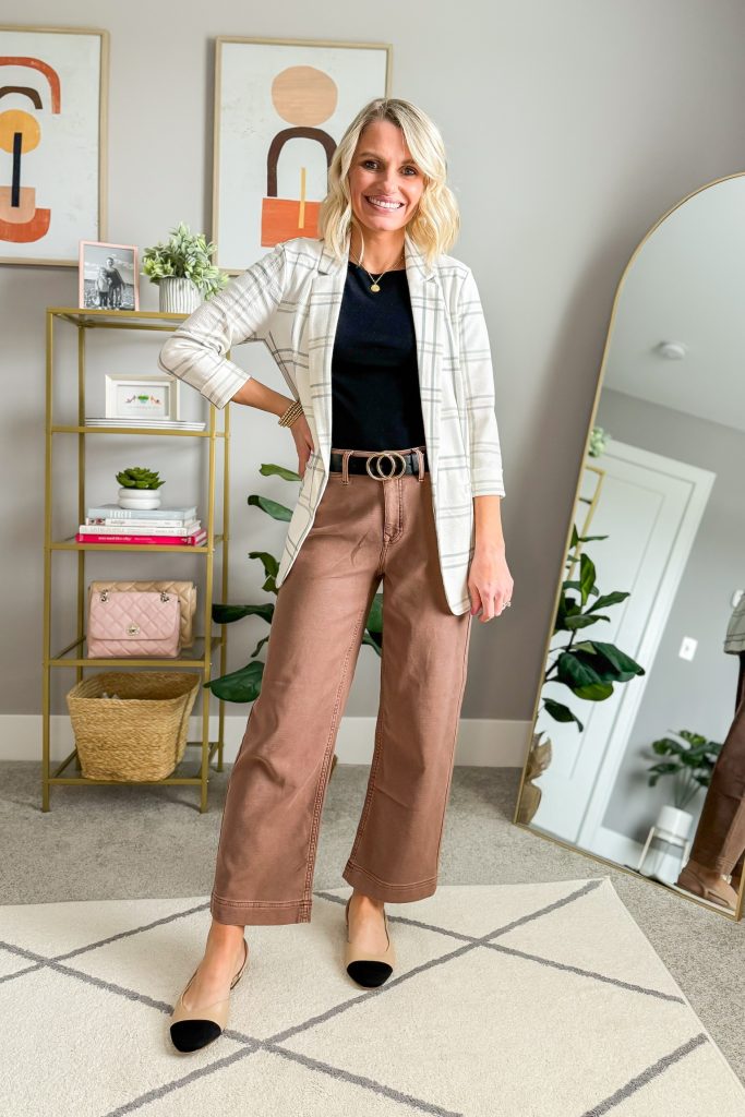 spring teacher outfit brown pants and plaid blazer