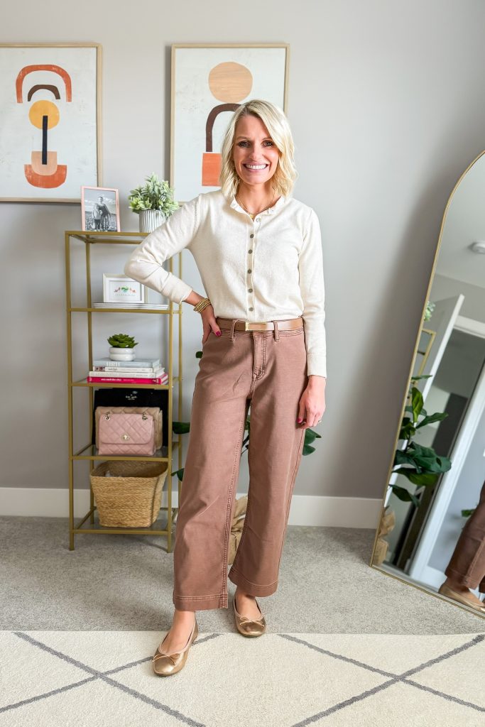 spring teacher outfit brown pants and cream cardigan