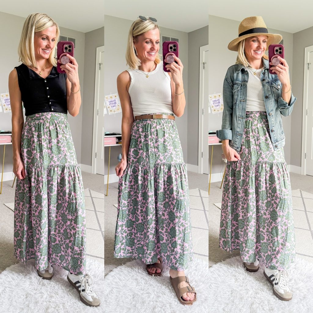 Summer mom capsule wardrobe three outfit ideas with long floral skirt