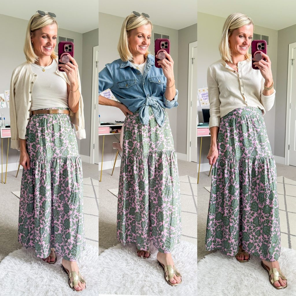 Summer mom capsule wardrobe three outfit ideas with long floral skirt