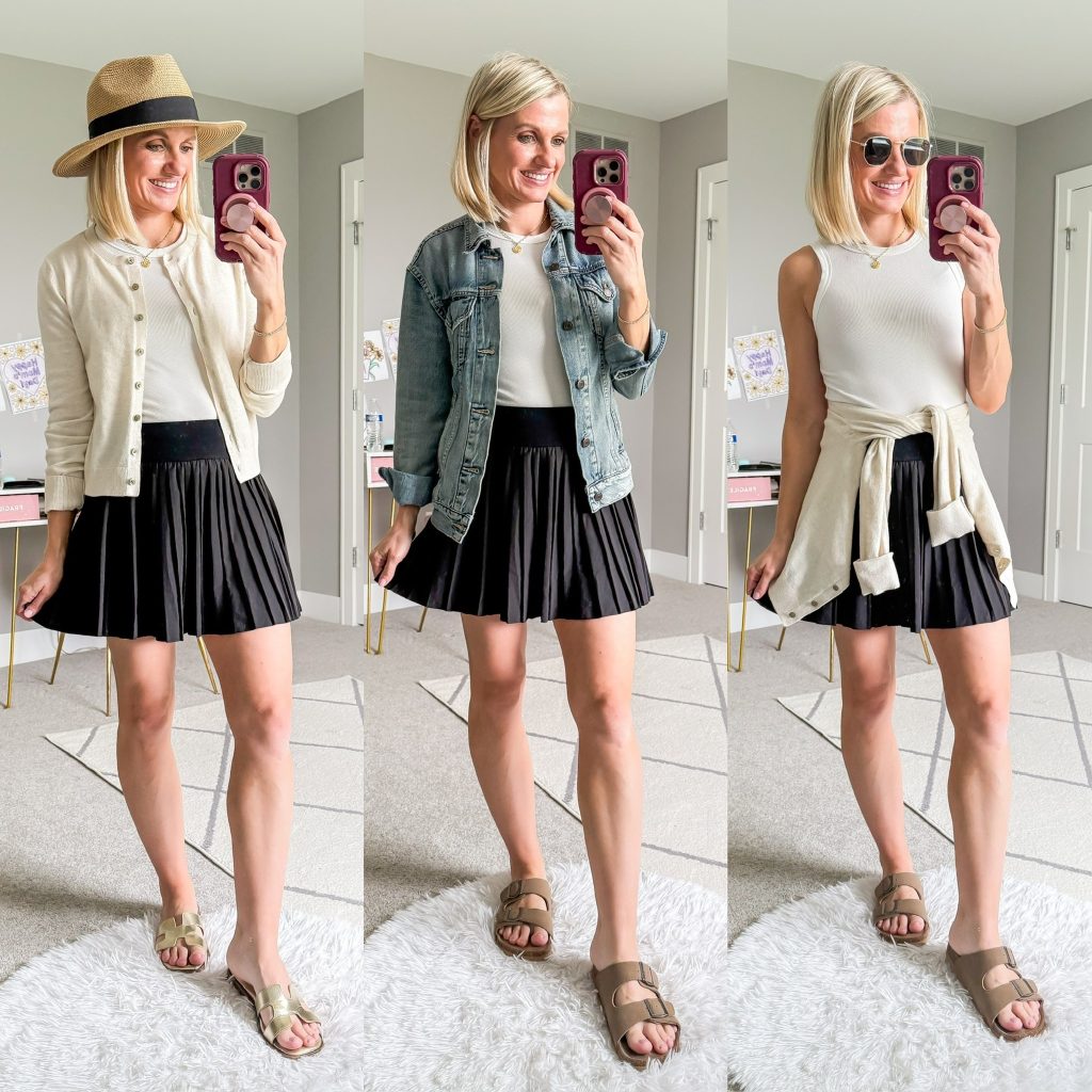 Summer mom capsule wardrobe three outfit ideas with black pleated skort