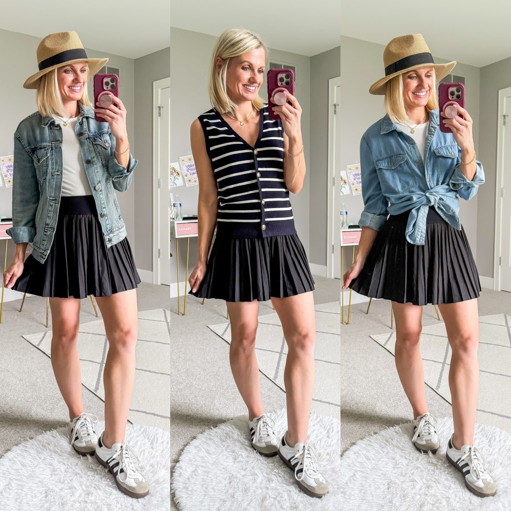 Summer mom capsule wardrobe three outfit ideas with black pleated skort