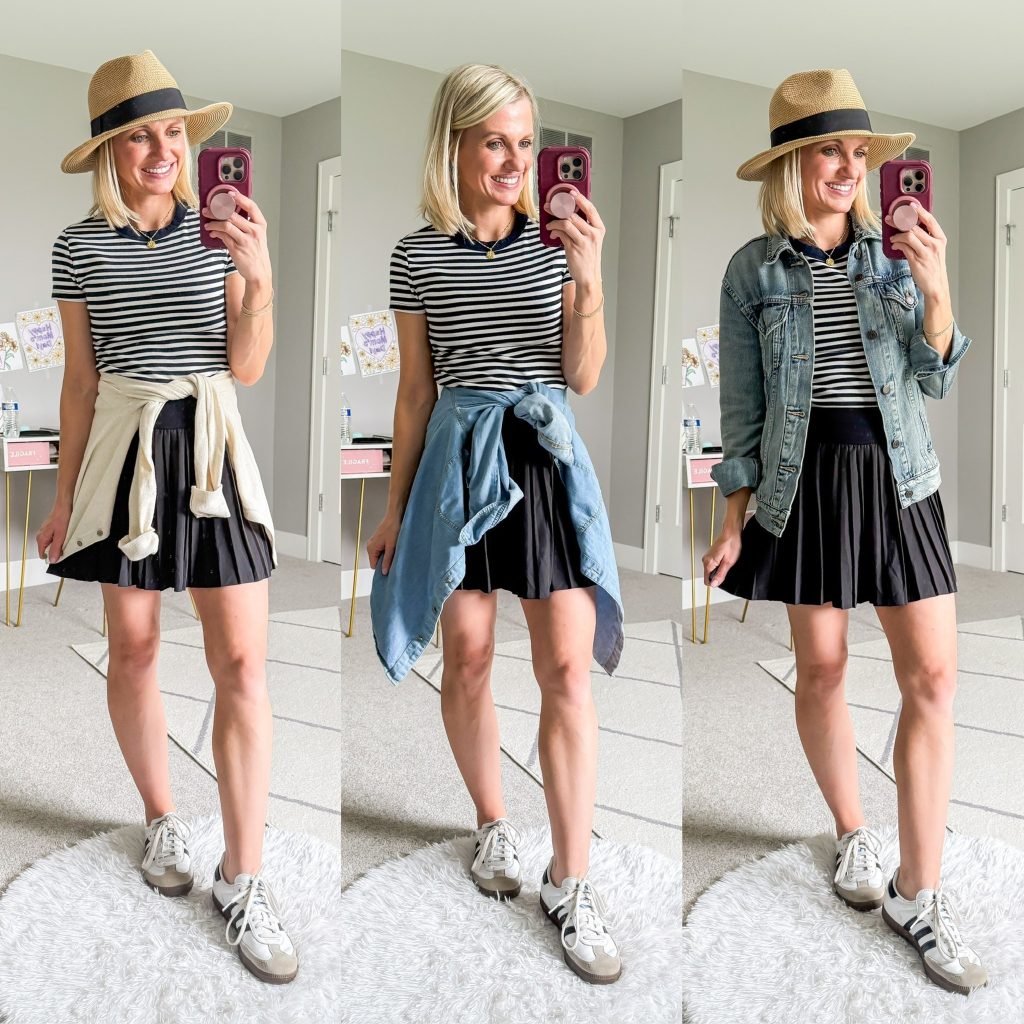 Summer mom capsule wardrobe three outfit ideas with black pleated skort