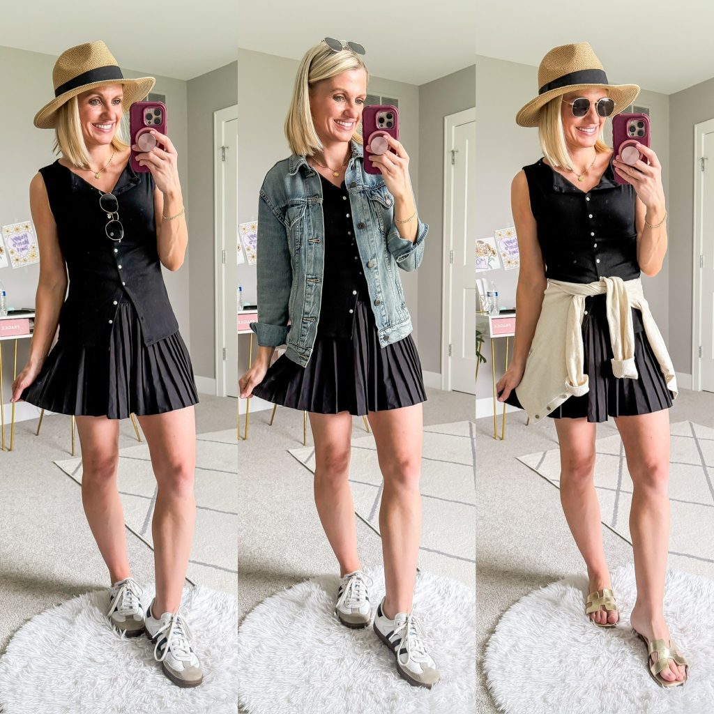 Summer mom capsule wardrobe three outfit ideas with black pleated skort