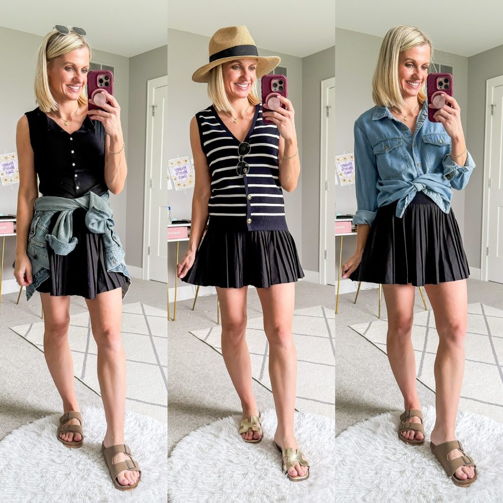 Summer mom capsule wardrobe outfit ideas with black pleated skort