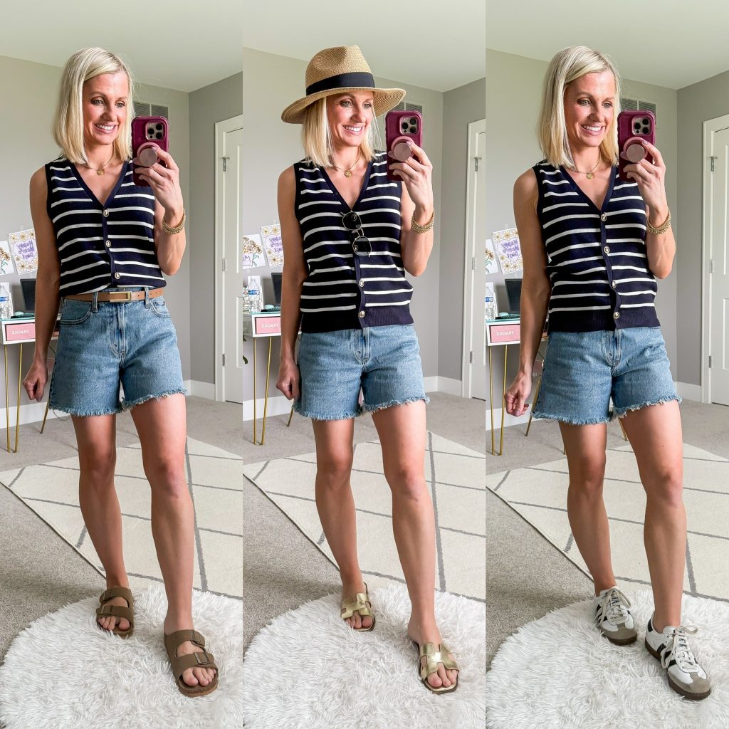 Summer mom capsule wardrobe jean shorts and striped sweater vest top