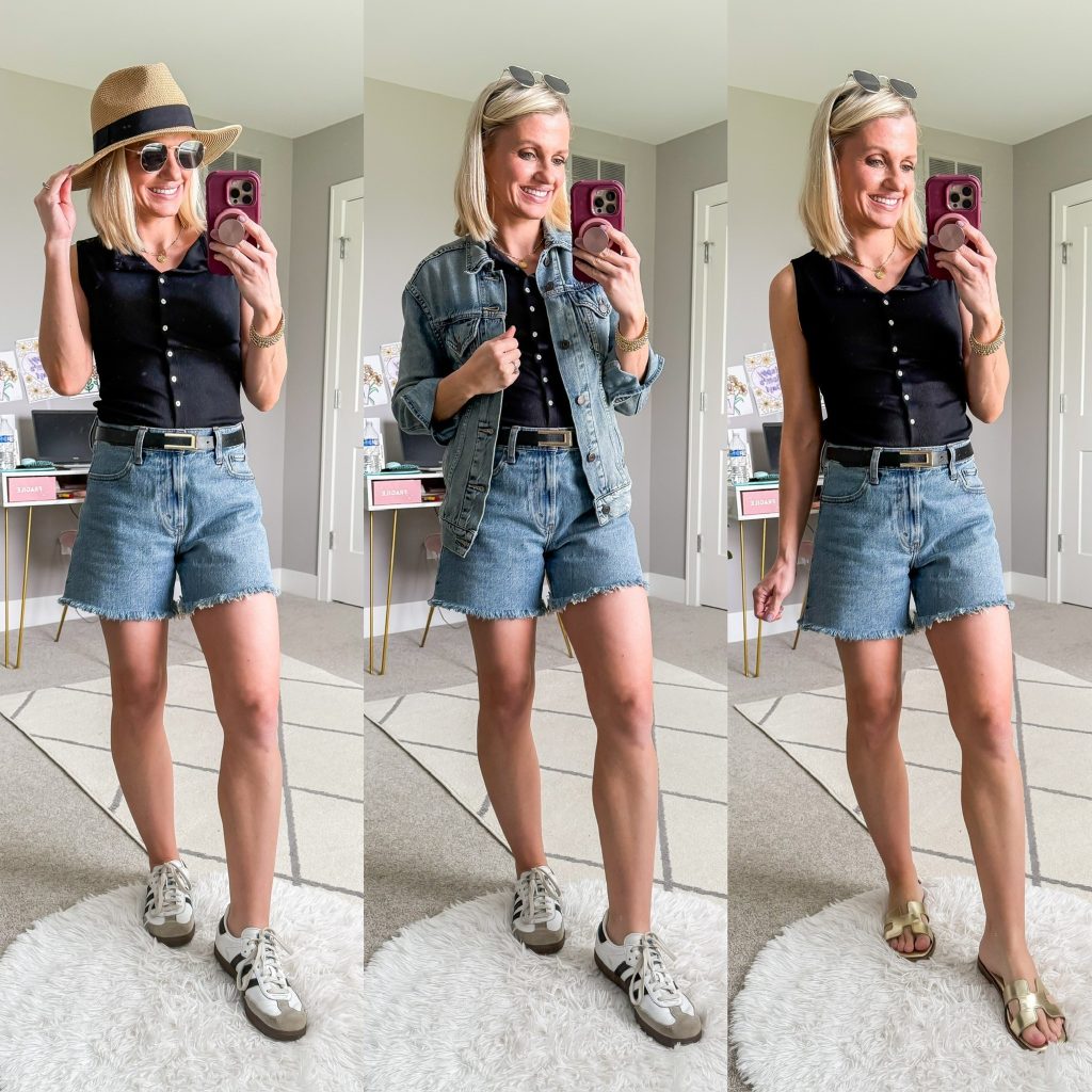 Summer mom capsule wardrobe three outfits with jean shorts and black top