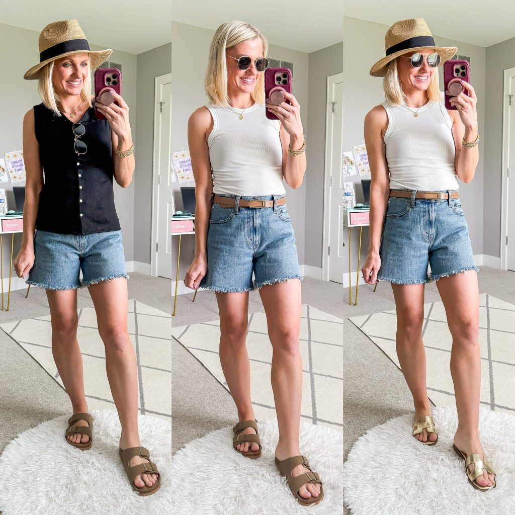 Summer mom capsule wardrobe outfit ideas with jean shorts and sleeveless tops