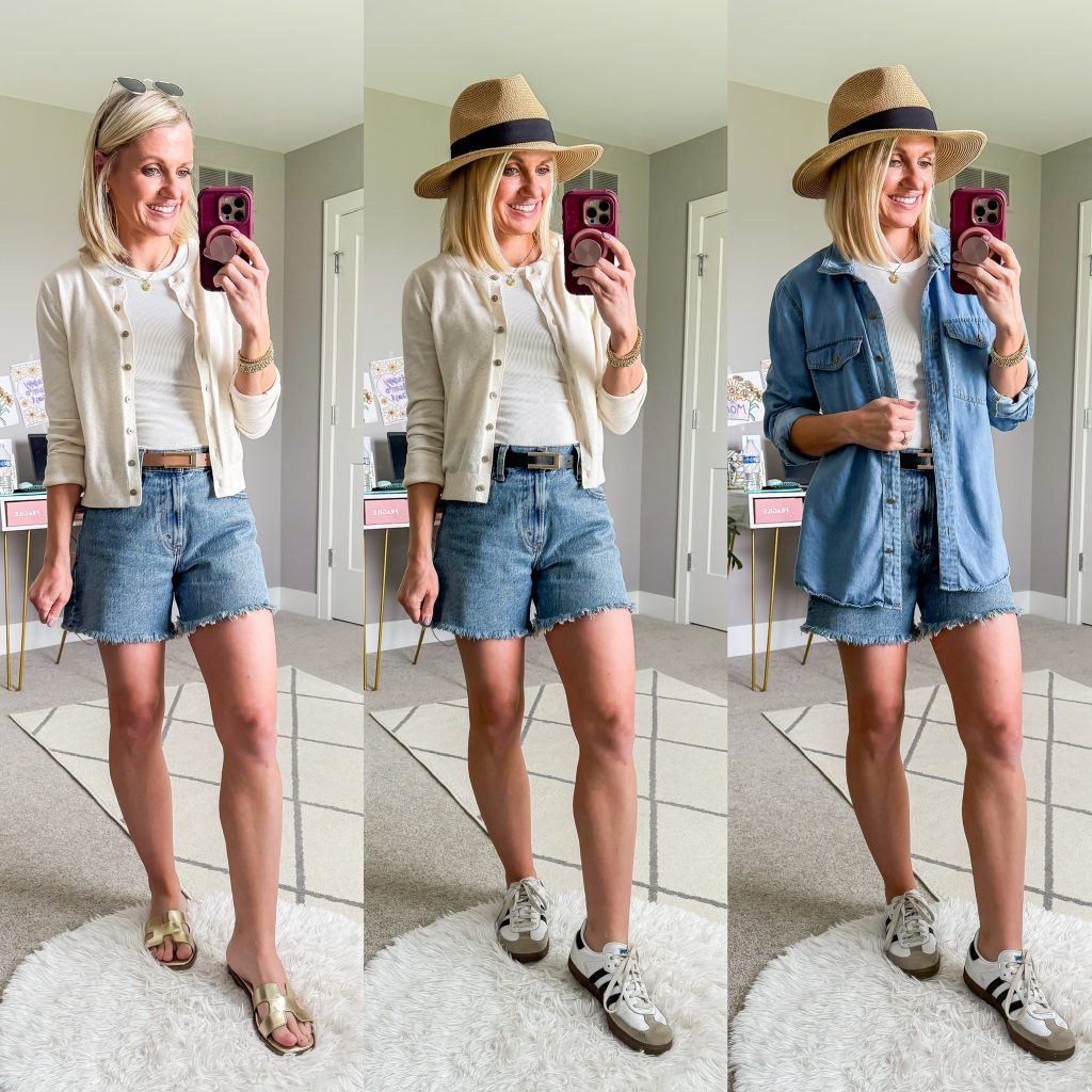 Summer mom capsule wardrobe outfit ideas with jean shorts and white top