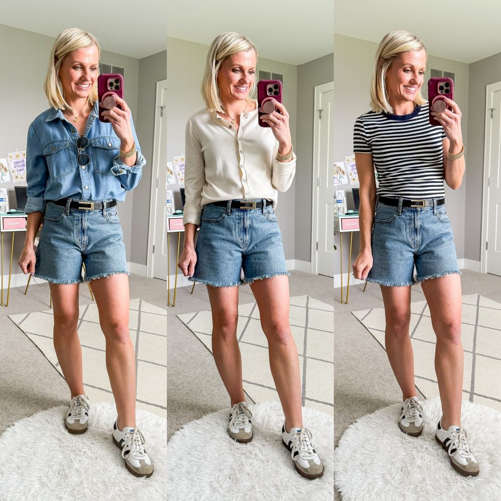 Summer mom capsule wardrobe three outfit ideas with jean shorts and sambas