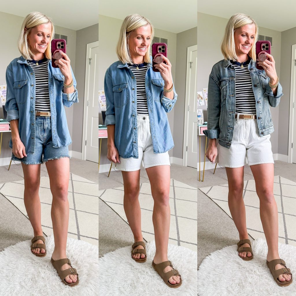 Summer mom capsule wardrobe three outfits with white shorts and denim