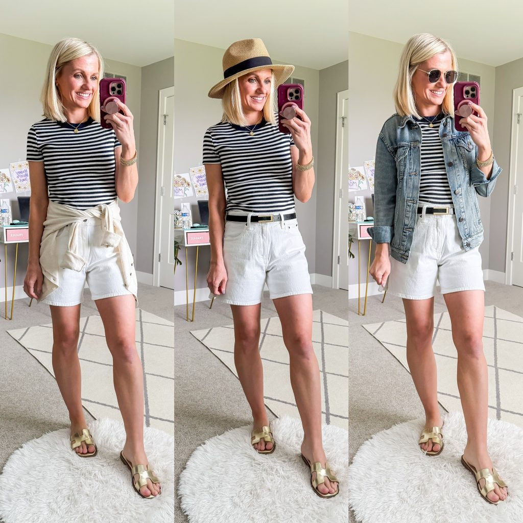 Summer mom capsule wardrobe three easy mom outfts with white shorts