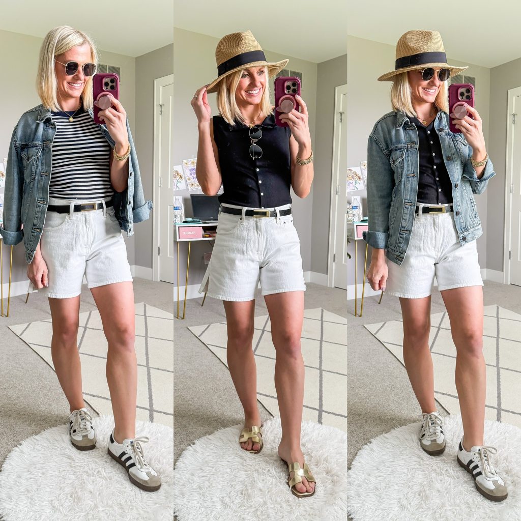 Summer mom capsule wardrobe three outfit ideas with white shorts