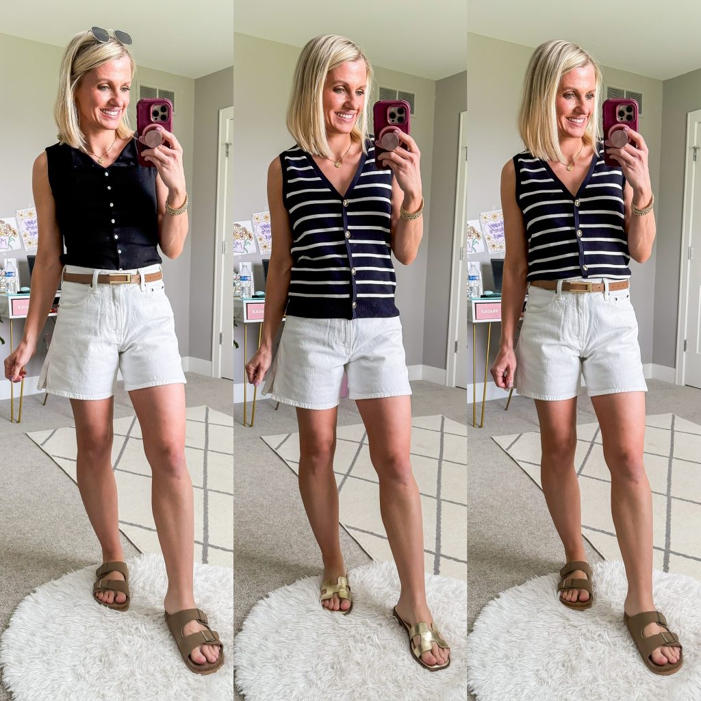 Summer mom capsule wardrobe white shorts outfit ideas