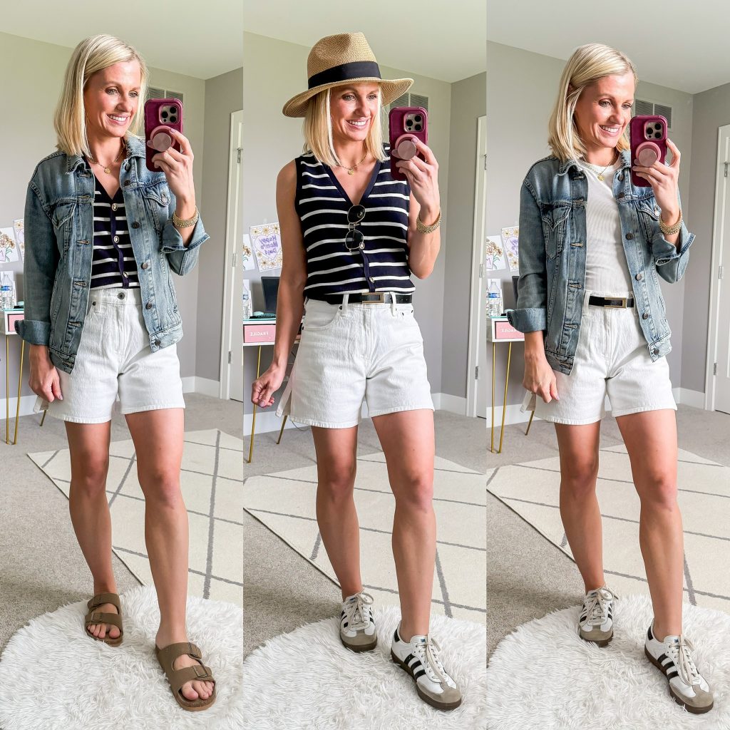 Summer mom capsule wardrobe white shorts outfit ideas