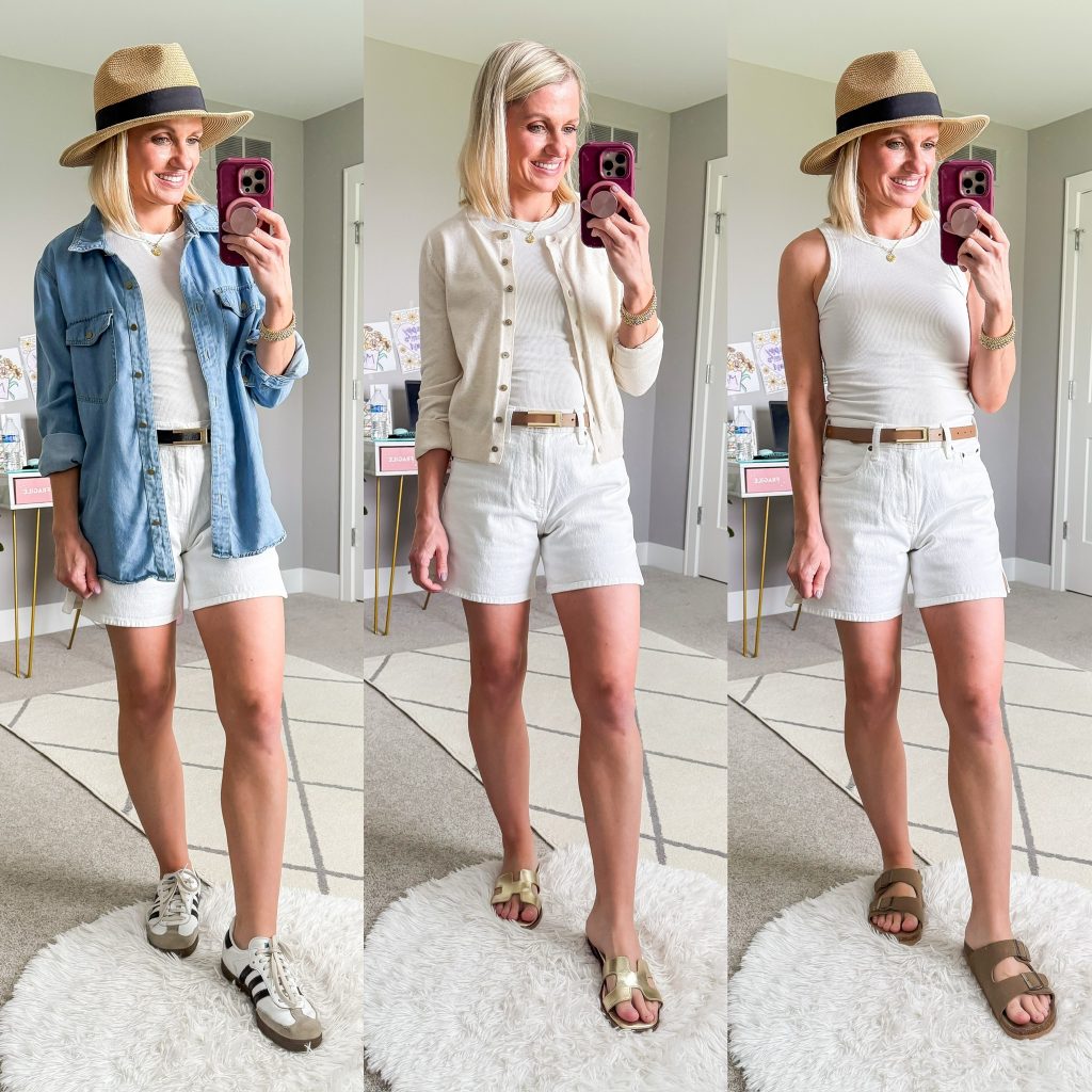 Summer mom capsule wardrobe three white shorts outfit ideas