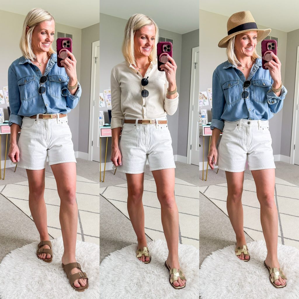 Summer mom capsule wardrobe three outfit ideas with white shorts