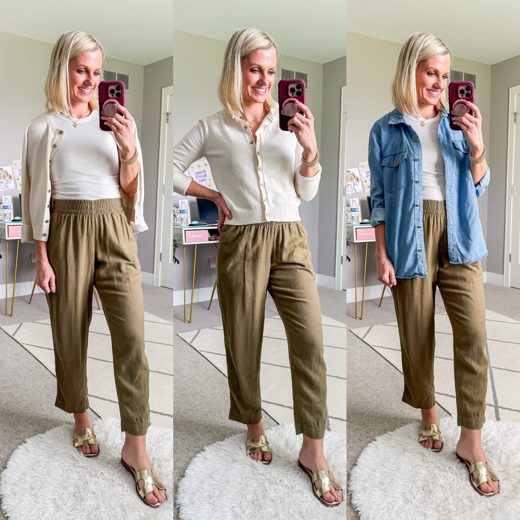 Summer mom capsule wardrobe outfit ideas with green cropped pants