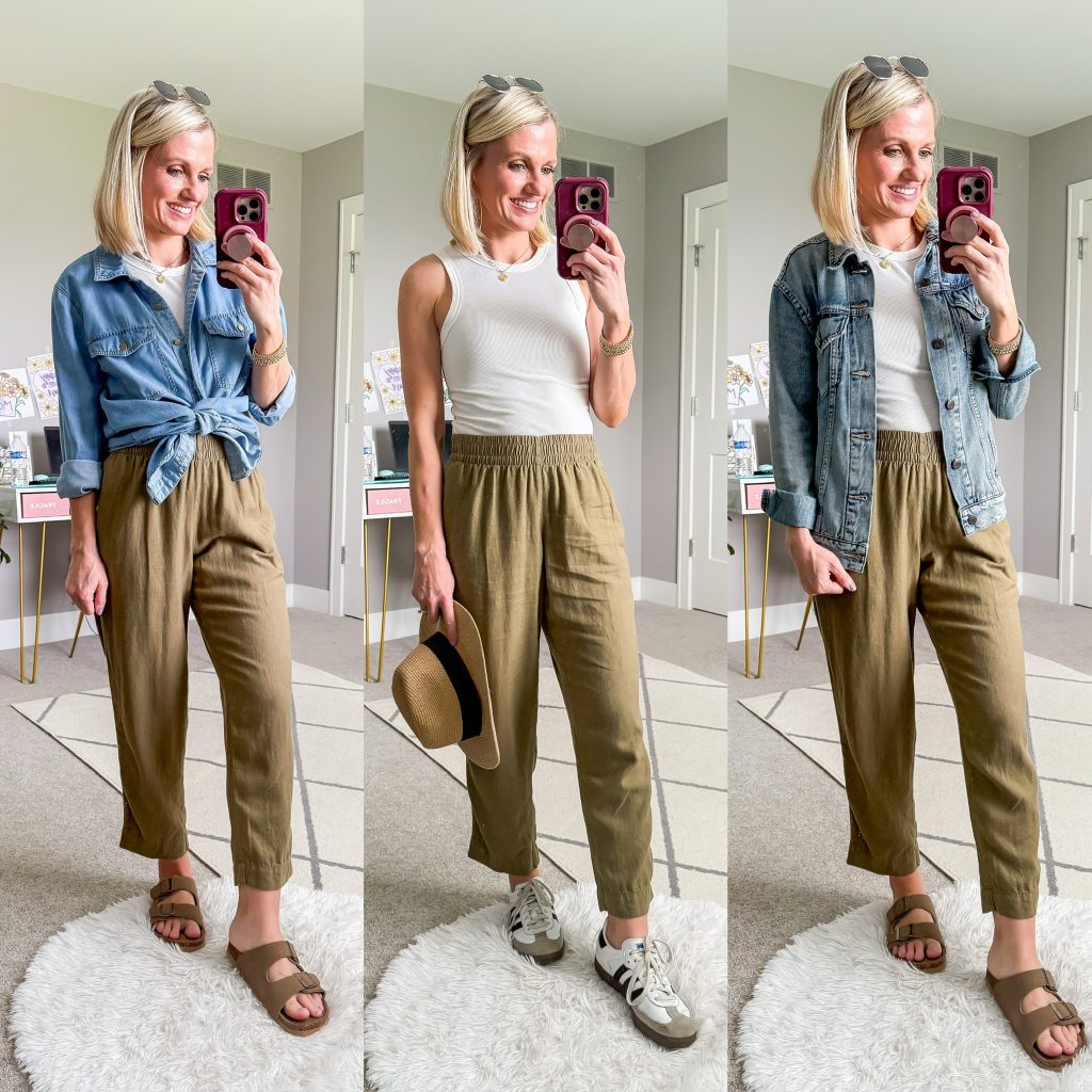 Summer mom capsule wardrobe green pants outfit ideas