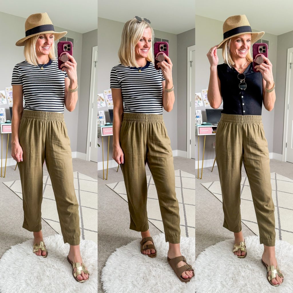 Summer mom capsule wardrobe three outfit ideas with green pants