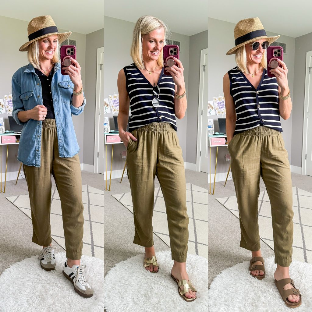Summer mom capsule wardrobe three outfit ideas with green pants