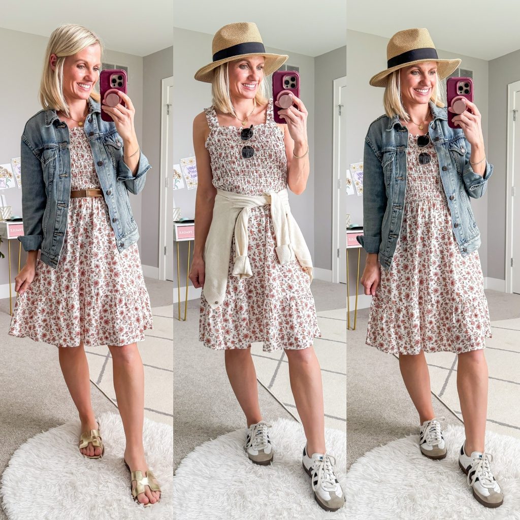 Summer mom capsule wardrobe three floral sundress outfit ideas