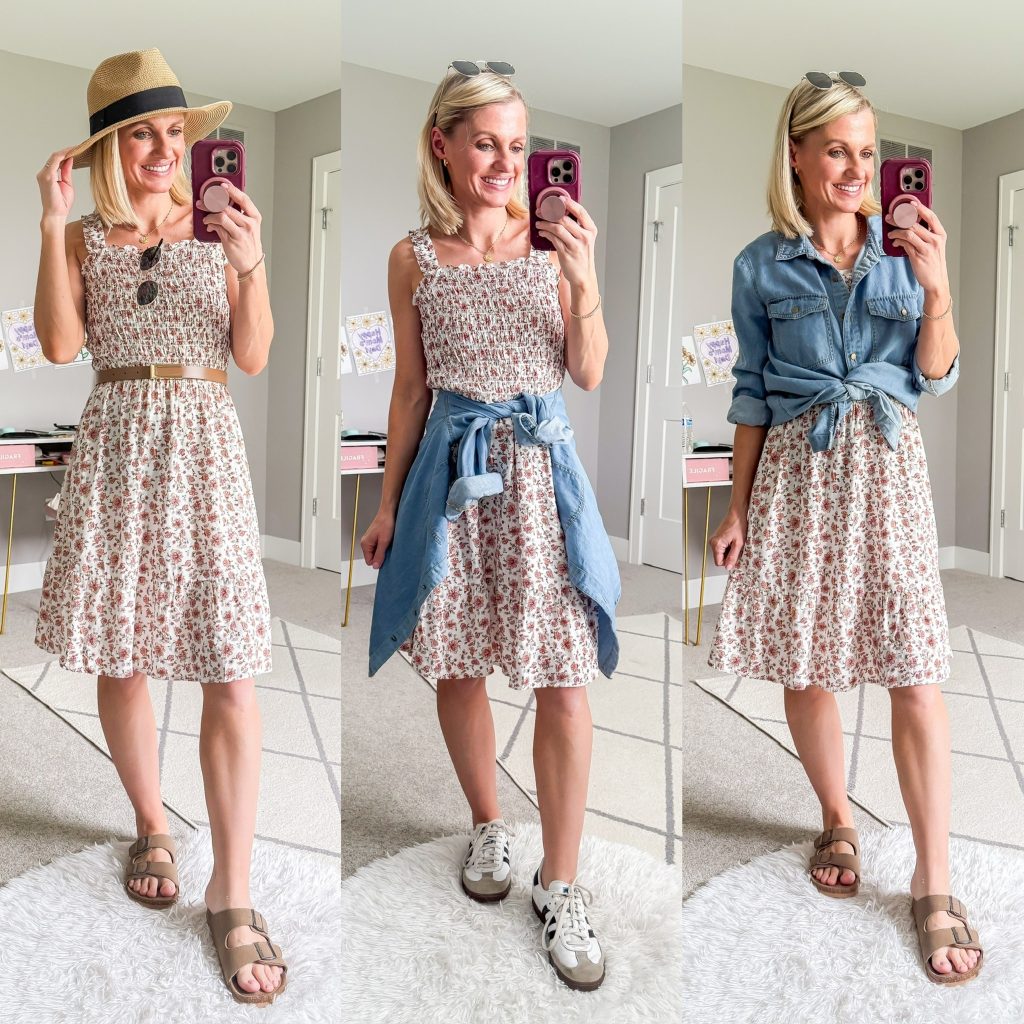 Summer mom capsule wardrobe three outfit ideas with a floral sundress