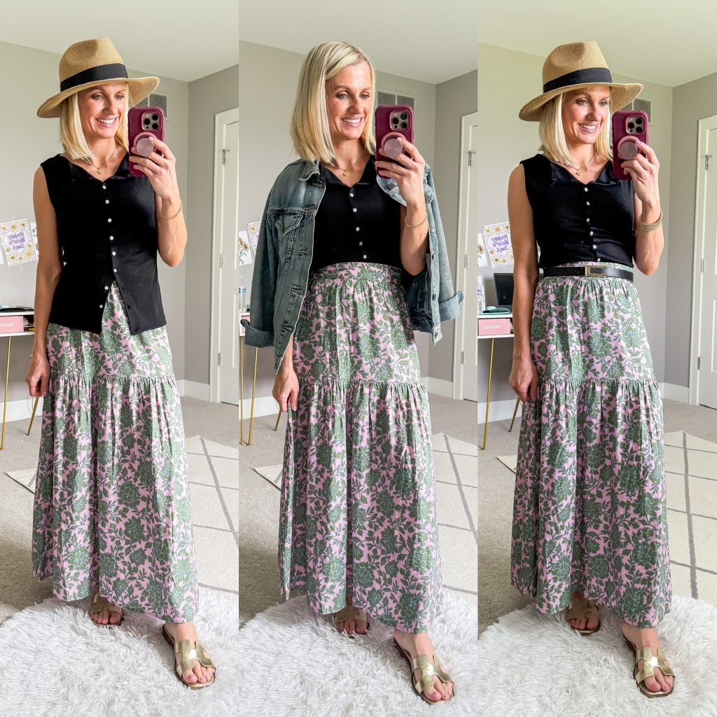 Summer mom capsule wardrobe three outfits with long floral skirt
