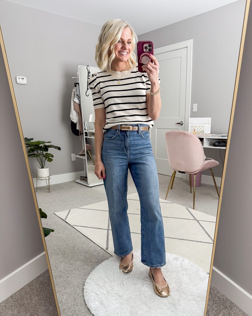Thrifted Madewell slim wide-leg cropped jeans paired with a striped top.