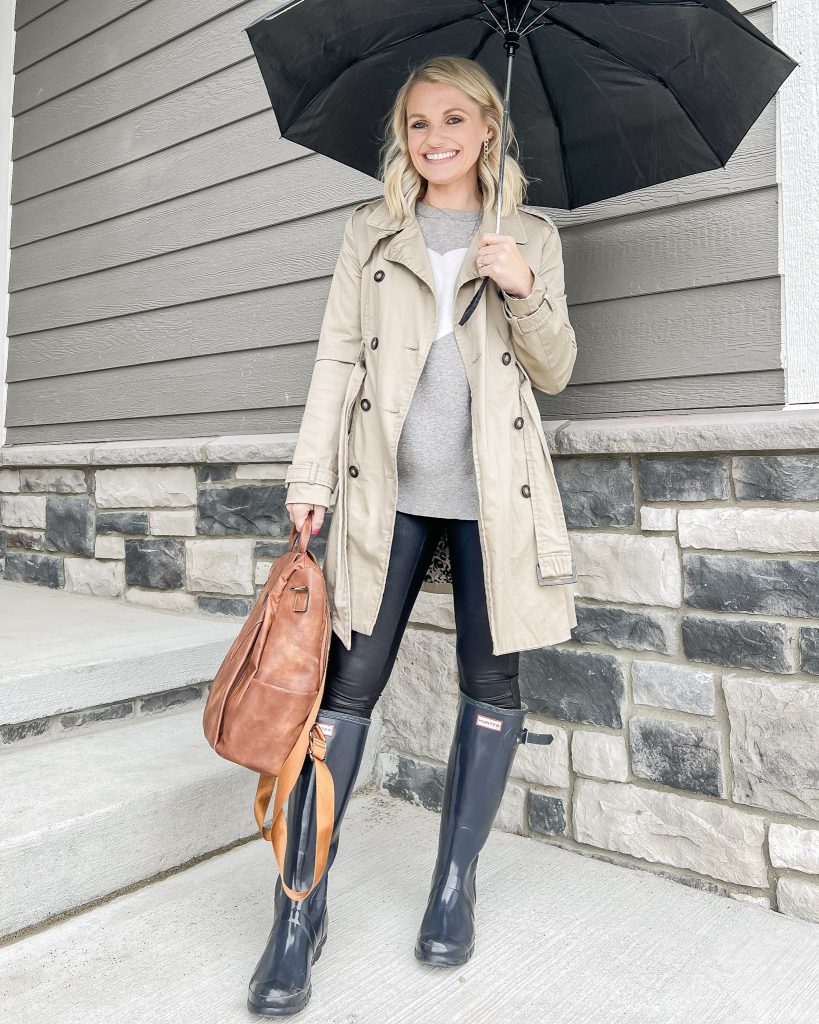 Thrifted Hunter rain boots with a trench coat and leggings. 