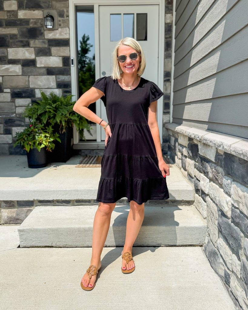 Easy Summer Mom Outfits black tiered dress and sandals